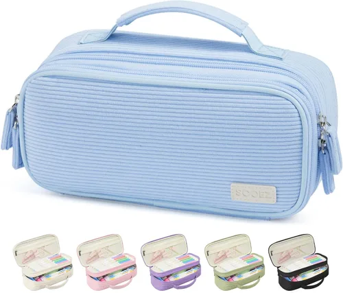 Miniatura 11 de Sooez Estuche grande para lápices, estuche de pana suave con asa, bonito estuche para bolígrafos, 5 compartimentos, organizador de amplia apertura