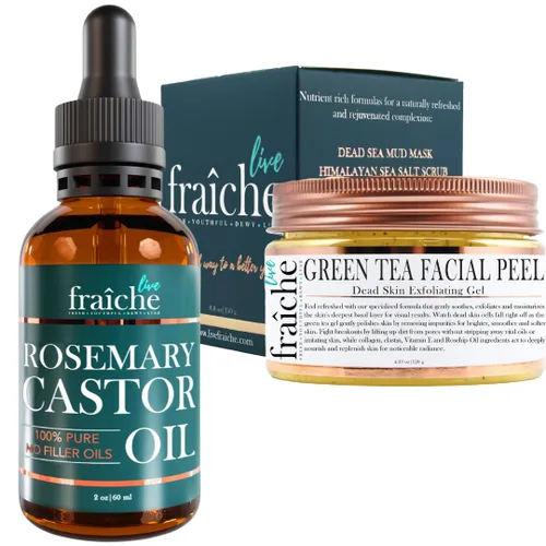 Aceite de ricino de romero de 2 onzas + gel de peeling facial iluminador de oro de 24 quilates, cáscara de té verde, 4.23 onzas para eliminar la