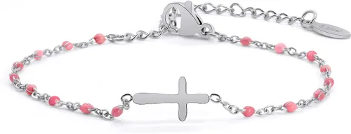 Miniatura 12 de Pulsera de Cuentas con Cruz Chapada en Oro de 14K para Mujeres, Pulsera de Acero Inoxidable Ajustable con Cruz de Fe Religiosa, Pulsera de Cadena