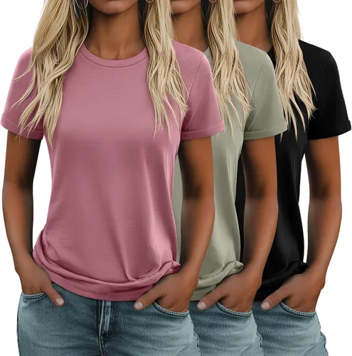 Miniatura 37 de Huukeay Paquete de 3 camisetas de algodón para mujer, estilo casual, de manga corta, cuello redondo, ajuste holgado, básica, lisa