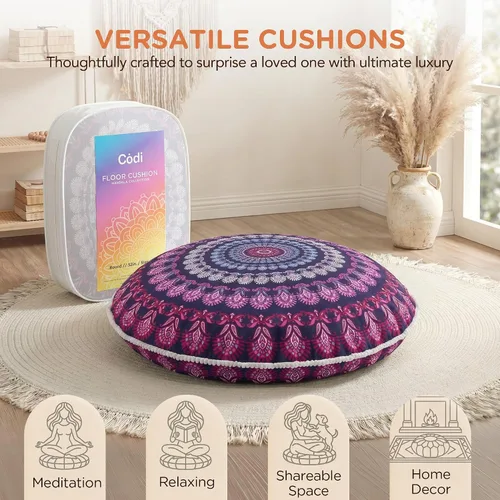 Miniatura 6 de Codi - Juego de 2 cojines de suelo para meditación, grandes y redondos para adultos, diseño bohemio de mandala para exteriores, chimenea, yoga, sala