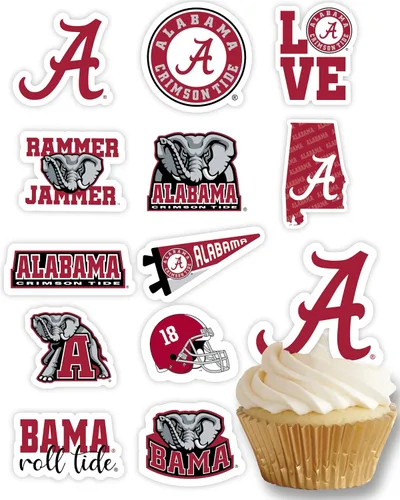 Decoraciones para cupcakes de la Universidad de Alabama, suministros para fiestas de fútbol americano, cumpleaños, graduación (24 piezas) (Alabama