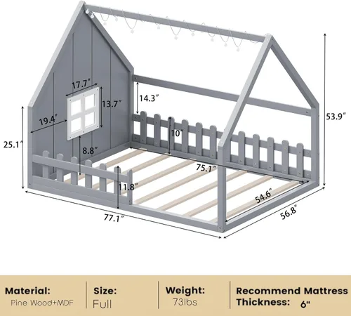 Miniatura 2 de Bellemave Cama de casa tamaño matrimonial, cama de piso de madera para niños, cama Montessori con barandillas y listones para niños y niñas, altura