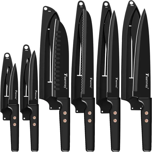 Miniatura 8 de Juego de cuchillos de cocina de 12 piezas, cuchillos de acero inoxidable con revestimiento antiadherente, apto para lavavajillas, juego de cuchillos