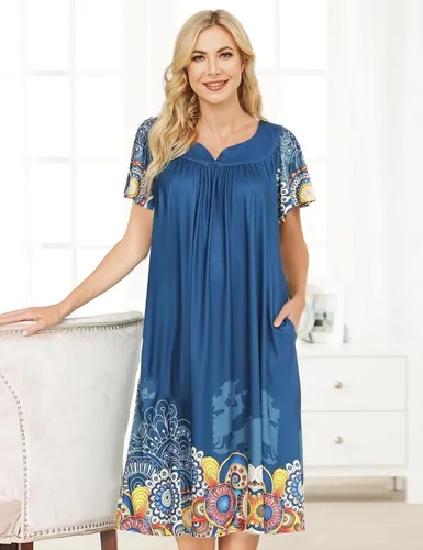 Miniatura 2 de Muumuu - Vestidos de casa para mujer, camisón de manga corta Moomoo con bolsillos, tallas S-3XL