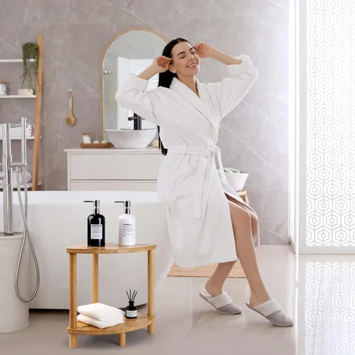 Miniatura 4 de Taburete de ducha esquinero de bambú mejorado para ducha interior impermeable, reposapiés de ducha de 2 niveles con estante de almacenamiento