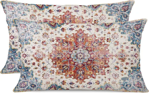 Miniatura 14 de Juego de 2 fundas de almohada impermeables para exteriores de 16 x 16 pulgadas, patrón de alfombra bohemio vintage, diseño étnico negro y gris