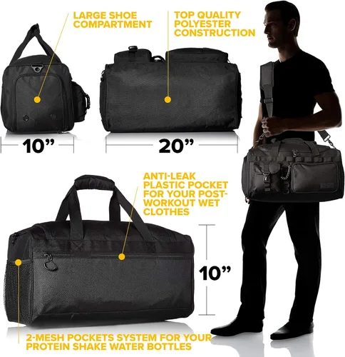 Miniatura 3 de Fitdom Bolsa de lona táctica negra de 20 pulgadas y 32 L con compartimento para zapatos. La mejor bolsa de entrenamiento para hombres y mujeres. La