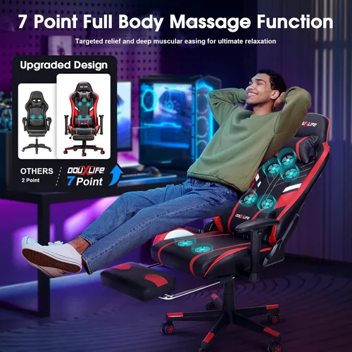 Miniatura 4 de Silla de masaje para juegos de 7 puntos, silla de oficina con reposapiés y soporte lumbar, altura del asiento ajustable ergonómica, 175° reclinable