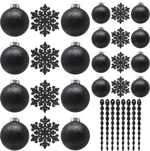Miniatura 3 de Adornos de Navidad Negros – Decoraciones de Árbol de Vacaciones de Plástico Irrompible de 32 Piezas, 16 Bolas de Nieve con Purpurina (3.15"/2.36")