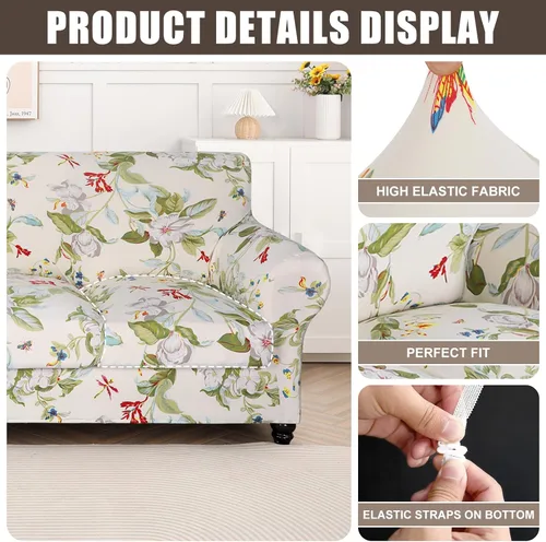 Miniatura 2 de SearchI - Funda de sofá elástica con estampado floral, 3 piezas, incluye 2 fundas de cojín independientes, protector lavable para muebles de sala