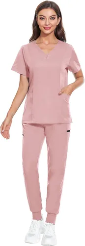 Miniatura 22 de VIAOLI Conjunto de ropa quirúrgica para mujer, camiseta con cuello en V y pantalones médicos tipo cargo para mujer, 10 bolsillos