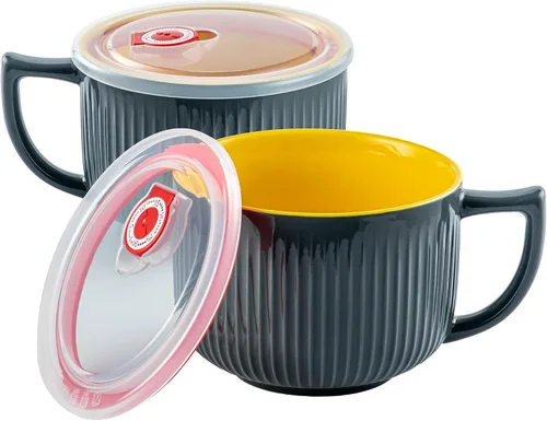 Miniatura 22 de Tazón de sopa de cerámica con asa de 32 onzas – Tazón de ramen para microondas con tapa, tazas y tazas de sopa para cereales, avena, ramen, fideos
