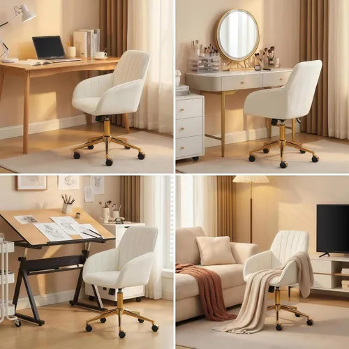 Miniatura 4 de YISHENG Silla de oficina en casa de terciopelo con base dorada, silla tapizada y acolchada moderna ajustable en altura, silla de escritorio dorado