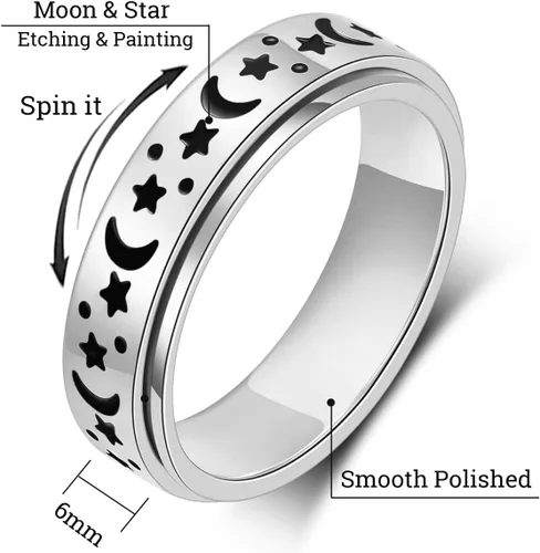 Miniatura 2 de OreilleStar Anillo de Ansiedad para Mujeres Anillo Fidget de Acero Inoxidable Juguetes Fidget para Adultos Anillos Giratorios Plateados Luna