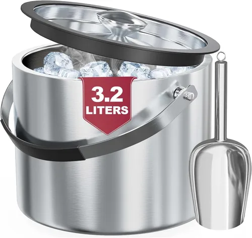 Cubo de hielo de acero inoxidable de doble pared de 3.2L con tapa, cuchara, cubo de hielo aislado actualizado para bar de cócteles y fiestas Plateado