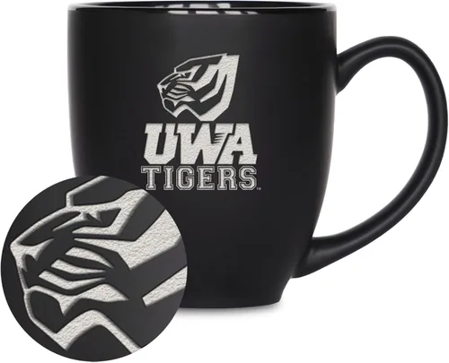Miniatura 419 de Rico Industries - Taza de cerámica mate negra con grabado láser estándar de 15oz para NCAA (escuelas T & U) - Para bebidas calientes o frías