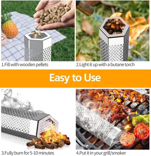 Miniatura 2 de Tubo ahumador de pellets, 1 paquete de 12 pulgadas Tubo ahumador con cepillo, acero inoxidable premium, 5 horas de humo intenso Tubo ahumador