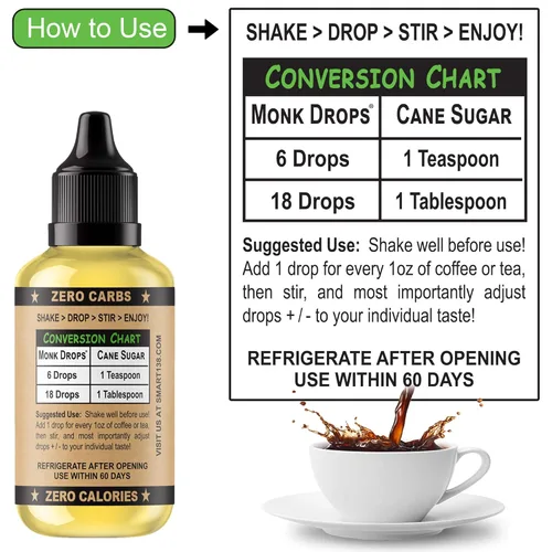 Miniatura 3 de Monk Drops - Edulcorante líquido 100% de fruto del monje, no glucémico, cero calorías, cero azúcar, sin agua añadida, concentrado de fruto del monje