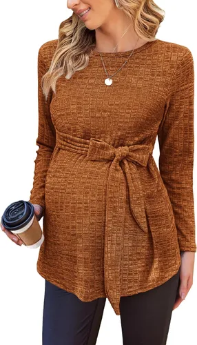 Ekouaer Camisas de maternidad de manga larga para mujer, blusas casuales de punto acanalado para embarazadas, tallas S-XXL