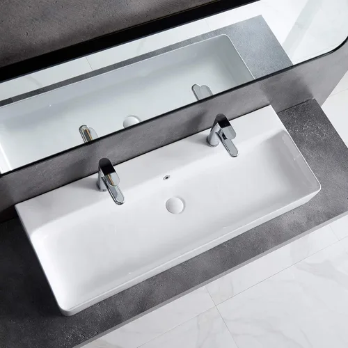 Miniatura 8 de Eridanus Lavabo de Baño Rectangular 43" x 16", Lavabo Vasija de Cerámica Vítrea de Dos Orificios, Montaje en Encimera y Pared, Lavabo Flotante