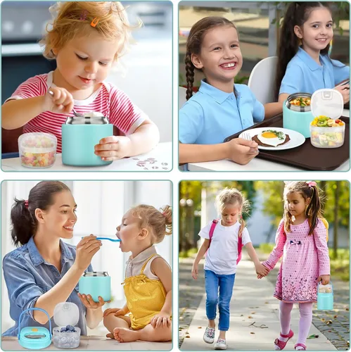 Miniatura 7 de Tarro de comida aislado 2 en 1 con un recipiente para aperitivos, termo de sopa para niños de 15 onzas para comida caliente con asa y cuchara, a