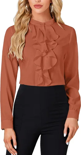 Miniatura 16 de LYANER - Blusa de cuello alto con botones, volantes en el frente, manga larga, camisa de trabajo para mujer