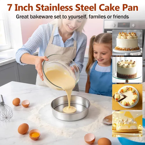 Miniatura 7 de P&P CHEF Molde para pasteles de 7 pulgadas, 1 bandeja redonda para hornear pasteles, de acero inoxidable, para cocinar al vapor, no tóxico