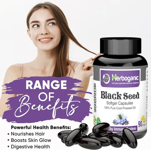 Miniatura 8 de HERBOGANIC Cápsulas blandas de aceite negro prensado en frío, 90 unidades, mezcladas con otros productos herbarios, apoya la salud general