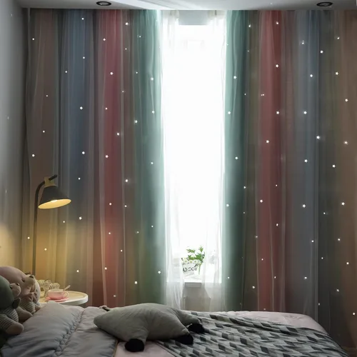 Miniatura 3 de Cortinas Opacas con Corte de Estrella Arcoíris para Dormitorio de Niñas - Doble Capa con Ojales Superiores para Sala de Estar, 2 Paneles