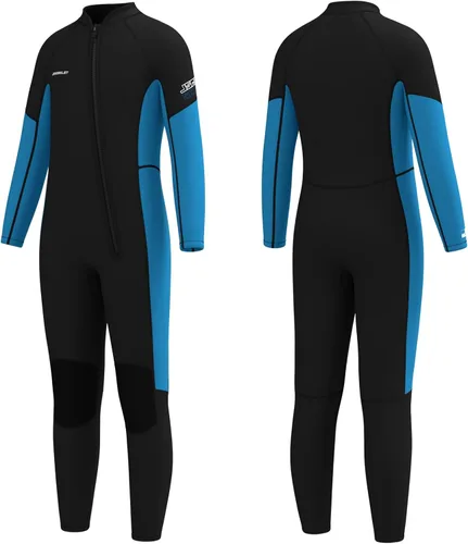 Traje de neopreno de cuerpo completo de 0.118 pulgadas para niños y niñas, ideal para agua fría, cremallera frontal para buceo, esnórquel, surf, Azul
