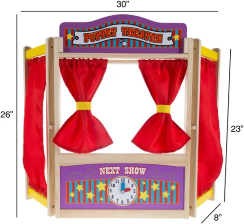 Miniatura 3 de HEY! PLAY! Teatro de marionetas para niños, juguete de mesa de madera de 30 x 26 pulgadas con cortinas, pizarra y reloj para inspirar imaginación