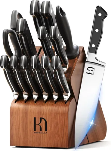 Juego de cuchillos de cocina de 15 piezas, juego de cuchillos de chef de acero inoxidable japonés de alto carbono con bloque y afilador, juego de