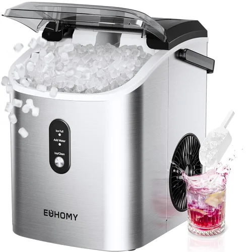 Miniatura 9 de EUHOMY, Fabricador de hielo para encimera con asa, listo en 6 minutos, 34 libras por día, cubierta superior extraíble, autolimpiante, máquina