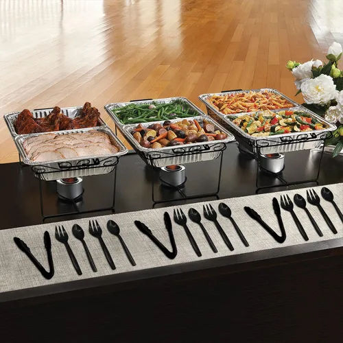 Miniatura 2 de Party Essentials Kit de servicio de bufé Elegance de 33 piezas, incluye estantes negros para rozar, sartenes de aluminio, sartenes de agua, latas