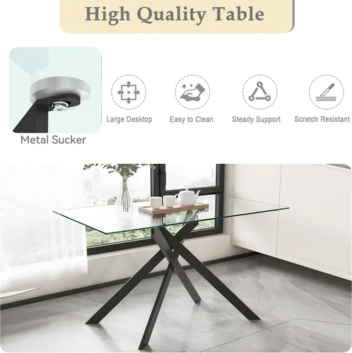 Miniatura 4 de Juego de mesa de comedor de cristal negro de 51 pulgadas para mesa de cocina de 4,5 piezas y sillas con patas de metal y 4 sillas de comedor de piel