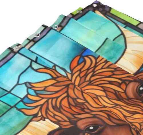 Miniatura 3 de Highland - Cortina de ducha de vaca para baño, diseño de hojas de flores, juego de cortina de ducha estilo bohemio, tela abstracta de animales