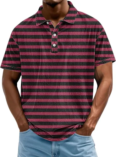 Miniatura 25 de Camisa polo de manga corta para hombre, camiseta de golf a rayas, de manga corta, para vacaciones, casual, cuello en V, camiseta de verano con Rojo