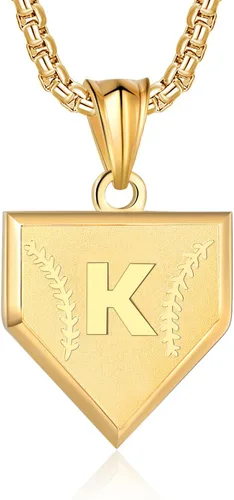 Miniatura 61 de Collar con inicial de la A a la Z para niños, de acero inoxidable, con dije de escudo de letra, cadena de 22 + 2 pulgadas, inspirador de béisbol