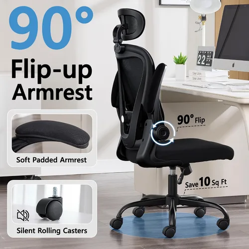 Miniatura 7 de Office Chair, Ergonomic Office Chair with Headrest, Comfy Home Office Desk Chairs with Lumbar Support & Flip-up Armrests, 330LBS High Back Mesh
