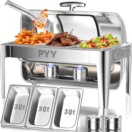 Miniatura 9 de Juego de buffet de platos de roce PYY con tapa enrollable, juego de 9 cuartos de galón de servidor de roce de acero inoxidable para catering, chafer