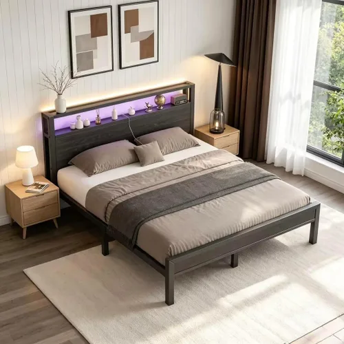 Miniatura 8 de LoVinson Full Size Bed Frame with Charging Station and LED Light, Metal Platform Bed with Storage Headboard, Noise Free, No Box Spring Needed, Easy