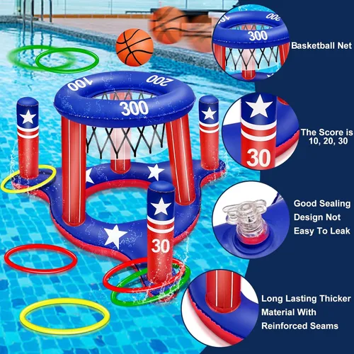 Miniatura 3 de Juguetes de piscina con la bandera estadounidense para adolescentes y adultos, 250 aniversario, aro de baloncesto flotante 2 en 1, juego