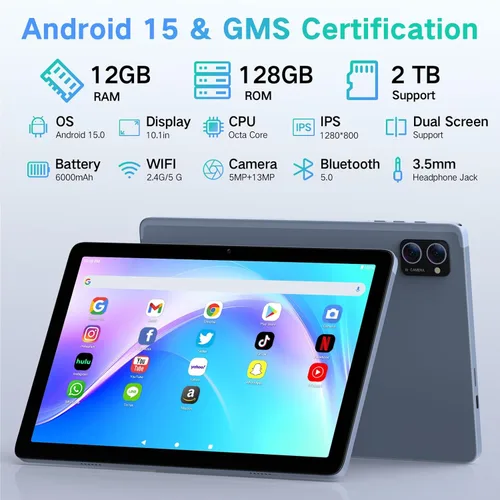 Miniatura 2 de Tablet Android 15 de 10.1 pulgadas con Gemini AI, Octa-Core 12 GB de RAM 128 GB ROM (expansión de 2 TB), tabletas de pantalla táctil HD grande