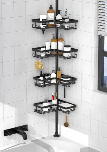 Miniatura 19 de KEGII Organizador de ducha de piso de pie, organizador de ducha de esquina de 4 niveles con ganchos y soporte para jabón, estante de almacenamiento