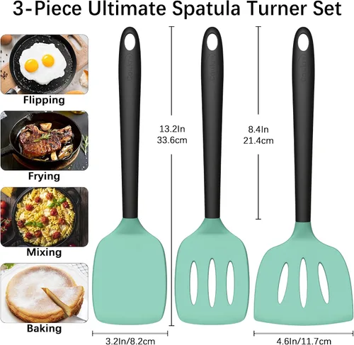 Miniatura 2 de Coukre Juego de 3 espátulas de silicona, resistentes a altas temperaturas, sin BPA, espátulas para pescado, mango sólido y ranurado para sartenes