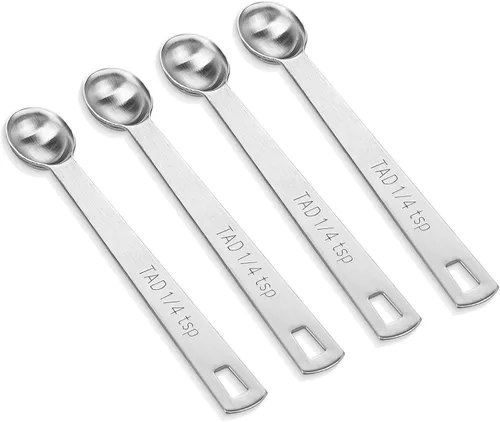 4 cucharaditas de 1/4 cucharadita (1/4 cucharadita | 0.0 fl oz | 1.25 cc) cuchara medidora individual, acero inoxidable, 1/4 cucharadita pequeña