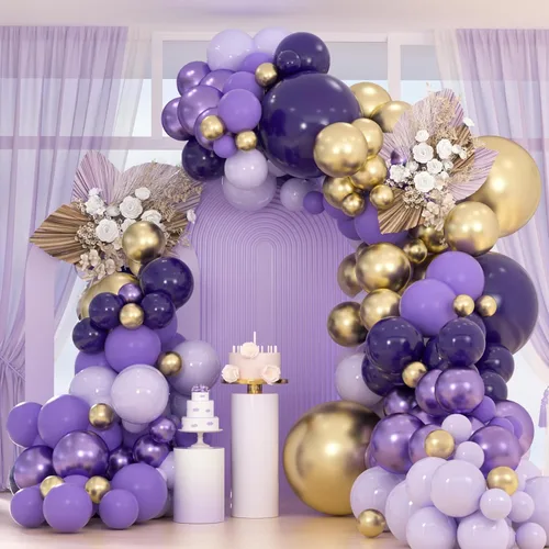 Kit de arco de guirnalda de globos morados y dorados de 163 piezas - Globos morados oscuros, lavanda lila, globos dorados metálicos para bodas, baby