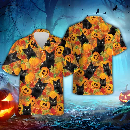 Miniatura 3 de Camisa hawaiana de gato negro para hombre, camisa de noche de Halloween, camisa de manga corta con botones (MP_HW_66)