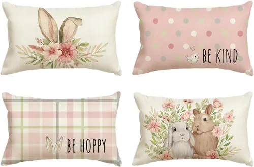Miniatura 8 de AVOIN colorlife Juego de 4 fundas de cojín de Pascua con diseño de búfalo y flor de conejo de Pascua Be Hoppy Bule, 18 x 18 pulgadas, diseño